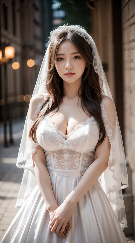 1girls, bride, Wedding Dresses, Lace pattern, Open shoulders, Show big breasts, long-haired, bridal veil, bokeh, Depth of Field, blurred background, light particle, high wind, See the whole body...,