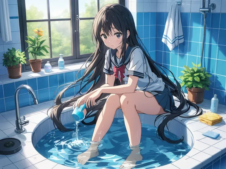 anime girl sitting in bathtub，water flows from the faucet, anime rapunzel girl, washing her dark long hair, ilya kuvshinov long ...