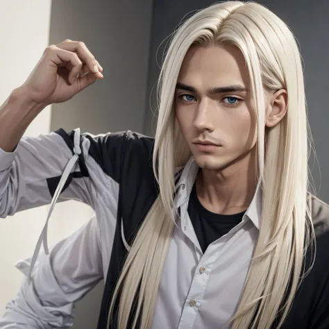 Hombre alto,anime,con pelo blanco largo y tapandole los ojos,y modelo