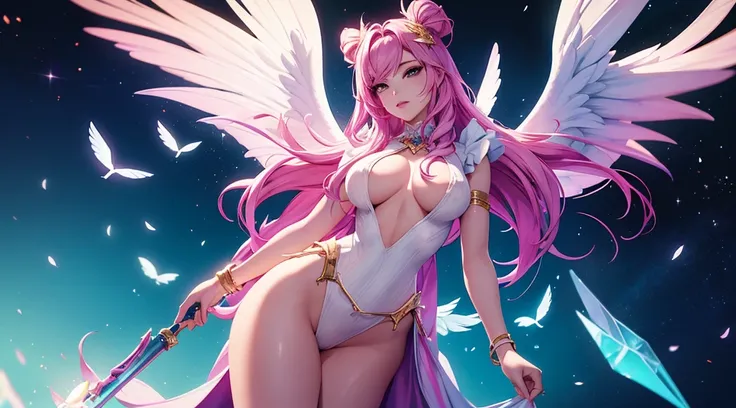 seraphine1, league of legends, nsfw, pink hair, queen, looking down, floating pose, floating, feathers, big boobs, digital illustration, vibrant colors, soft lighting, perfect face, absurdres, ultrasharp, 8K, long hair, space buns, long dress, white dress,...