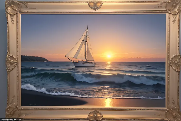 An embroidered:1.8 seascape at dusk, showing the sea and sky in sunset hues of orange and purple, a sailboat with billowing white sails, and the sun setting near the horizon, reflecting on gentle waves, capturing the tranquility and grandeur of nature