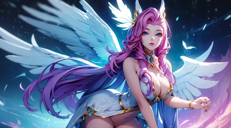 seraphine1, league of legends, nsfw, pink hair, queen, clear face, cute pose, big boobs, digital illustration, vibrant colors, soft lighting, perfect face, absurdres, ultrasharp, 8K, long hair, space buns, long dress, white dress, angel, angel wings, glowi...