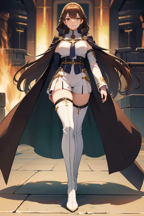 detailed picture of a tall mature woman, Azur Lane, confident expression, battleship gun turrets, long dark brown hair, green eyes, fortress background, bright lighting, (wearing shorts, thigh high boots, waist-length cape on one shoulder, white cape)