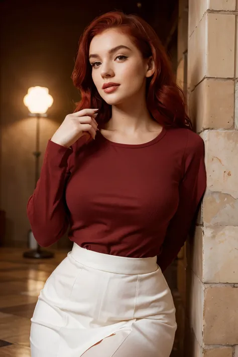 Beautiful young woman, similar to Marilyn Monroe, but rose red hair for instagram post