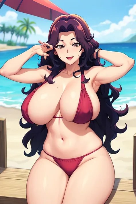 best quality, ((huge tits)), (jeanusty), bedroom, (curvy), thick thighasterpiece:1.2), highly detailed, 1girl, hamaoka azusa, looking at viewer, smile, open mount, brown eyes, brown hair, long hair, open mouth, sitting, open legs, lipstick, nipple, beach, ...