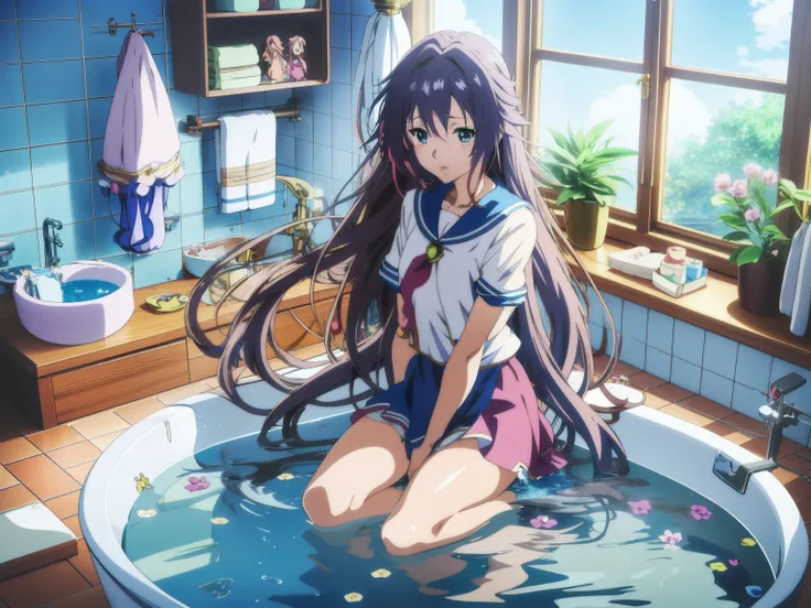 Long-haired anime girl sitting in the bathtub, Anime rapunzel girl, Anime style 4k, Beautiful anime high school girl, Beautiful anime girls, Cute Anime Girls, fleet style, smooth anime cg art, wallpaper anime blue water, 4k anime wallpapers, (animemanga gi...