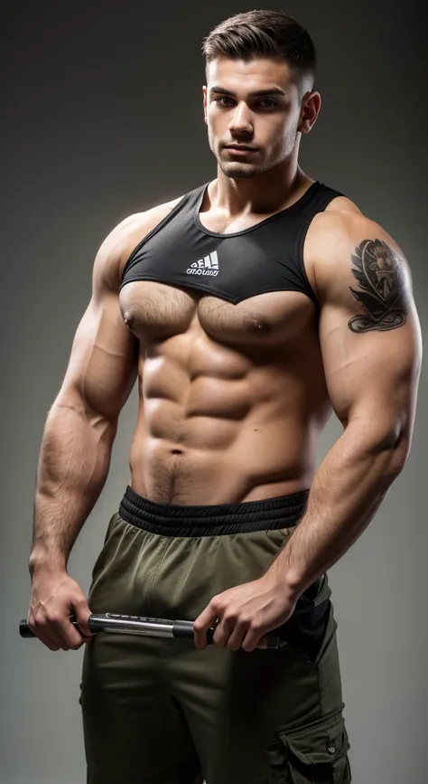 American Young man, 17 years old, military haircut, dark brown hair, intense brown eyes, intense gaze, affiliated features, no facial hair, height 1.93, weight 90 kg, muscular and corpulent build, broad shoulders, V-shaped body, sleeves tattoos on right ar...