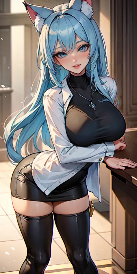 Masterpiece, beautiful art, 8k, art style by sciamano240, very detailed face, detailed hair, detailed clothes, detailed fabric, 1girl, beautiful face, long hair, light blue hair , very detailed blue cat eyes, cute smile, wearing open shirt, black dior thig...