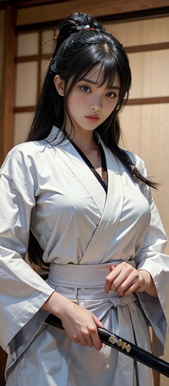 ((slanted eye)),(A MILF),(((maturefemale,  Woman))),Solo,masutepiece,top-quality, ultra-definition, max resolution, A highly detailed, ((White Doshi,Black Hakama,KENDOU)),A Japanese style,dojo,Beautiful black hair、Black eyes,Tying hair,Holding a sword,Swin...