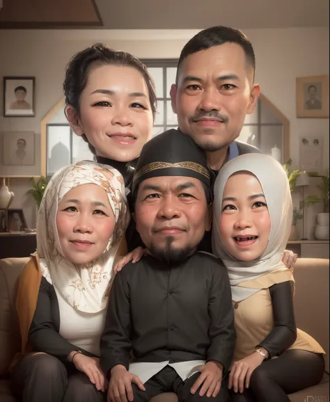 there are three people sitting on a living room with a picture of them, Women wearing hijabs, smiling all over, The two people behind him were a brother and a sister, father smiling happily, potrait, full protrait, an indonesian family portrait, caricature...