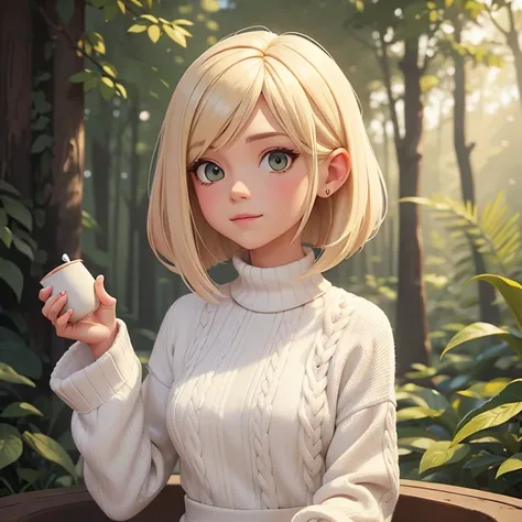 twitch emote of a cute white woman, flowing long bob cut blonde hair, drinking tea. Dressed in a white woolly shirt. Utilize a forest color palette. Apply the digital painting technique to add dept, intricate details, against a white background.