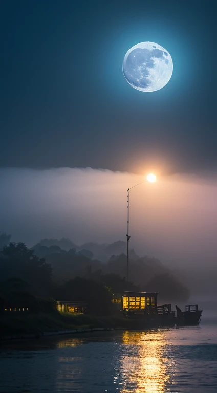 (tmasterpiece，Authentic Photos，Concise structure：1.5），the night，Li river scenery，foggy atmosphere，White Full Moon、Fantastical、murky、enticing、A black