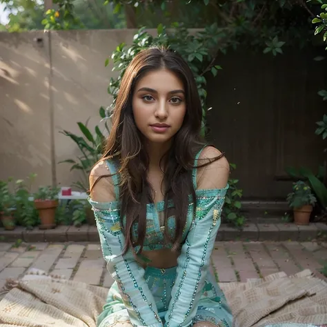 (Best quality, Ultra-detailed, Masterpiece:1.5), photograph of a beautiful pakistani woman in her garden. The woman should have a flawless, highly detailed face (Highly Detailed Skin) with soft, luminous skin. Her long hair should be naturally brown and st...