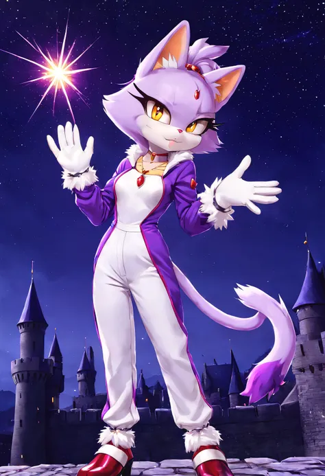 masterpiece, best quality, highres, blaze the cat, 1girl, gold necklace, white jumpsuit, animal_ears, closed_mouth, red forehead...