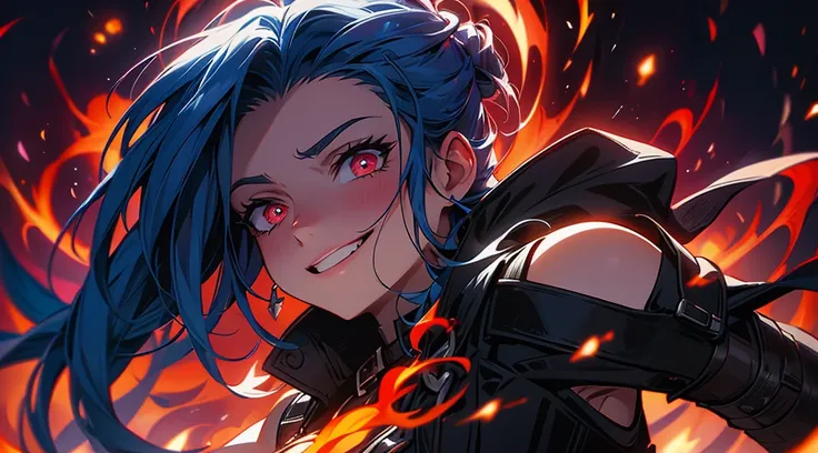 ,dark shadowy background,crazy pose,smirking expression,flaming red haircausing flames to dance around her,elongated fingers holding a pair of signature arcanelaser pistols pointed in different directions,arcane energy crackling around the weapons,digital ...