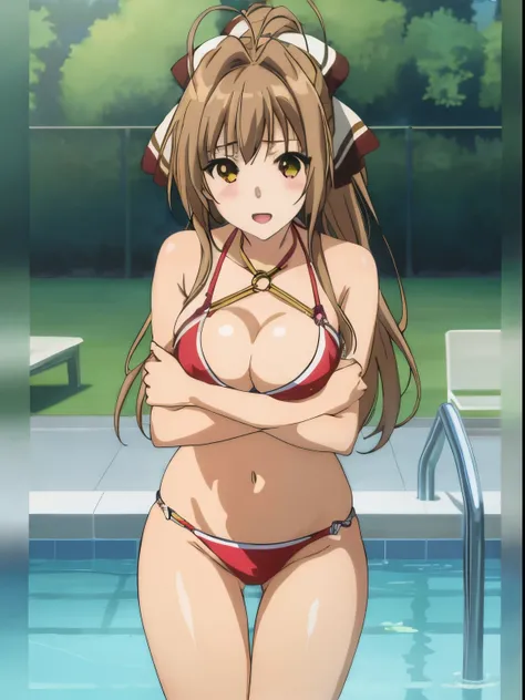 A woman in bikini standing by the pool, Very long hair，of anime girls, oppai, eechi, realistic bikini, fleet style, ecchi anime style, Beautiful and touching anime , attractive anime girls, in a bathing suit, The best girl in anime, in a bikini, in a bikin...