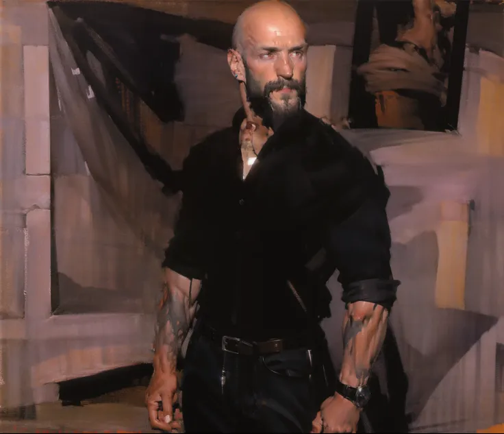 character sheet, dilf, short beard, bald, lean body, tattoos, skater shoes, early 40s, wrist watch, white socks, artistic, black jeans, hunter green shirt, standing, handsome, gentle expression, slim tall build, white male, piercings, accessories, bracelet...