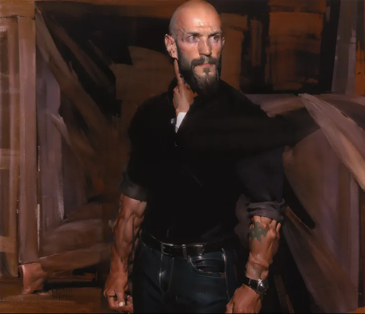 character sheet, dilf, short beard, bald, lean body, tattoos, skater shoes, early 40s, wrist watch, white socks, artistic, black jeans, hunter green shirt, standing, handsome, gentle expression, slim tall build, white male, piercings, accessories, bracelet...