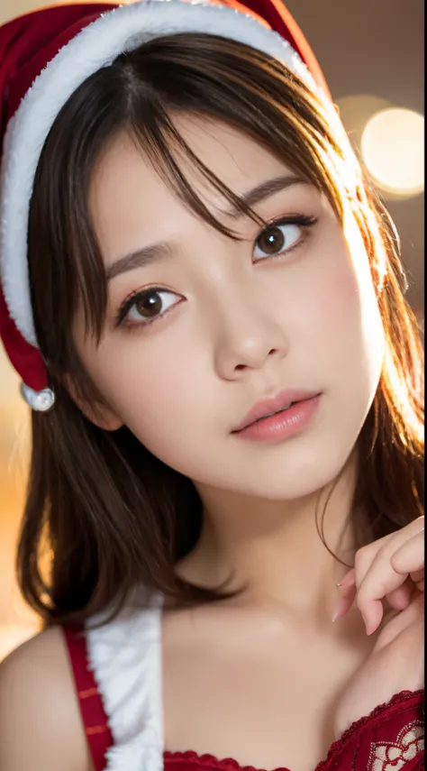 Japan 20-year-old woman，A beautiful and cute girl，Super funny，Red Eye Shadow，Fancy makeup，double eyelid false eyelashes，light brown hair shortcut，her hair is delicate、With transverse waves、&#39;a little noisy..。.，Bare shoulders in Santa Claus costume，sexy ...