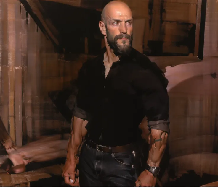 character sheet, dilf, short beard, bald, lean body, tattoos, skater shoes, early 40s, wrist watch, white socks, artistic, black jeans, hunter green shirt, standing, handsome, gentle expression, slim tall build, white male, piercings, accessories, bracelet...