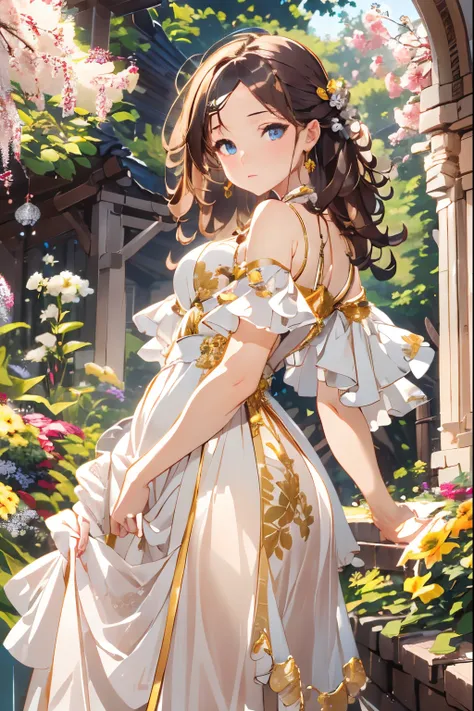 one girls、Upper body、cute  face、Beautiful eyes、Perfect beauty、parfect anatomy、Perfect build、beautiful luxury dress、complicated decoration、sunlight、Extreme details、Realistic proportionlurry backround、flower garden、landscaped gardens