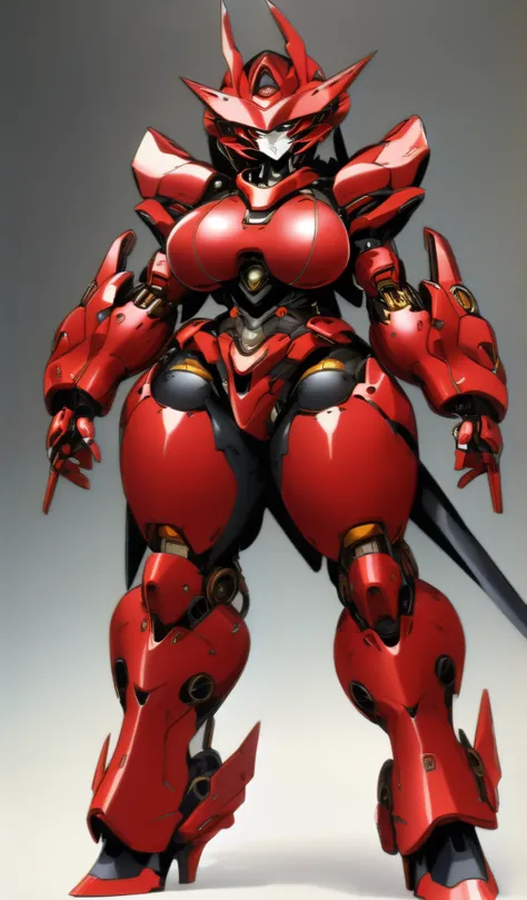 masterpiece, detailed, high quality, absurd, (anime style female robot), huge breasts, black color with red details, bright red eyes, curvy body (standing full body, white background)