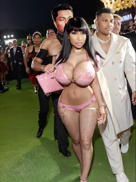 nicki minaj, insta bimbo, full body view, wearing  collar, holding luxurious purse, fishnet, transparent clothing, paparazzi