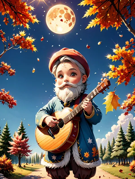 A 2D animation of a folk music band composed of anthropomorphic autumn leaves, each playing traditional bluegrass instruments, amidst a rustic forest setting dappled with the soft light of a harvest moon.