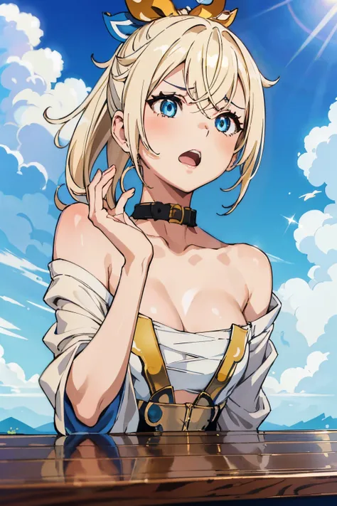 (masterpiece:1.6, best quality), (finely detailed beautiful eyes: 1.2), 1girl (masterpiece), (best quality,)(shiny hair), (shiny skin), (shiny skin), blue sky, cloud,, yawn pose, bare shoulder, collar bone, IrohaBase, yawn