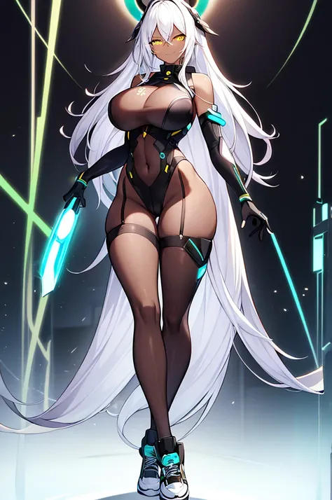 1girl, dark skin, dark-skinned female, white hair, long hair, yellow eyes, large breasts, breasts, wide hips, smug, smirk, smile, bodysuit, black bodysuit, pantyhose, black pantyhose, shoes, sneakers, futuristic, tech, science-fiction, neon trim, white neo...