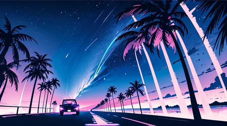 (cyberpunk road by the sea, pink glowing road, starry blue sky, big moon, palm trees), (classic convertible car), (low contrast, flat color, limited palette)