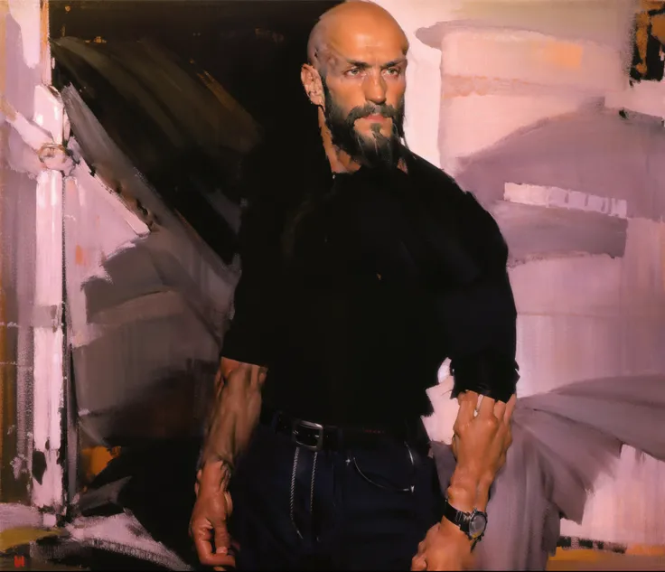 character sheet, dilf, short beard, bald, lean body, tattoos, skater shoes, early 40s, wrist watch, white socks, artistic, black jeans, hunter green shirt, standing, handsome, gentle expression, slim tall build, white male, piercings, accessories, bracelet...