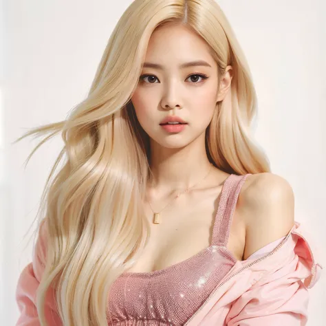 un primer plano de una mujer con el pelo largo y rubio con un top rosa, Retrato de Jossi de Blackpink, Parque Roseanne de Blackpink, Modelo IG | Artgerm, portrait of female Korean idol, Blackpink Jennie, Render de abril, Retrato de Kpop Idol, Obras de arte...