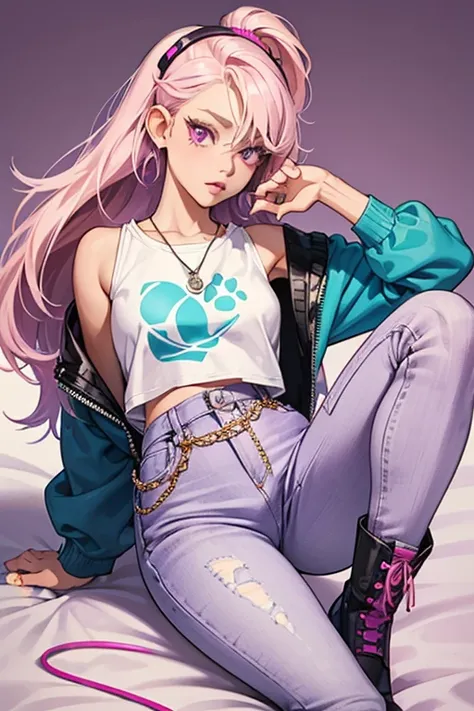 Roxy is a young girl with a slightly light skin tone. She has waist-length, pinkish-purple hair with blonde tips and dark violet eyes. She wears a sea green, long-sleeve, skin-tight cropped shirt with a hot pink cropped shirt over it which is shorter and w...