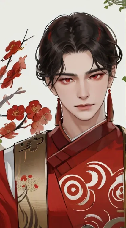 Masterpiece, Best Quality, Realistic, 1 Man, Male Focus, Ah Tall, Muscular, Long Wavy Black Hair, Flying Bangs, Red Eyes, Red Chinese Hanfu, Portrait, Extremely Detailed Faces, Background