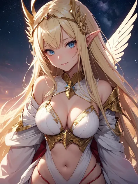 top-quality、Top image quality、​masterpiece、Super beautiful elf beauty((24 year old、Best Bust、big bast、Bust 90,Beautiful long blonde hair ironed、a blond、Beautiful sexy armor with big shining wings、sexy white bikini armor、has a beautiful sword、Raise your swo...