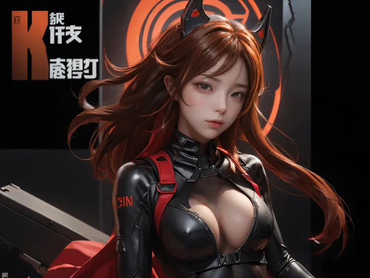 A lone mature girl, Leg long Burning Red hair, , Brown eyes, cat eyes, Beautiful face, masterpiece, best quality, expressive eyes, perfect face, forehead protector, long Black Twin Horn Head Gear, Big Anti-Tank Sniper Rifle, Exposed Navel, Black rubber ski...