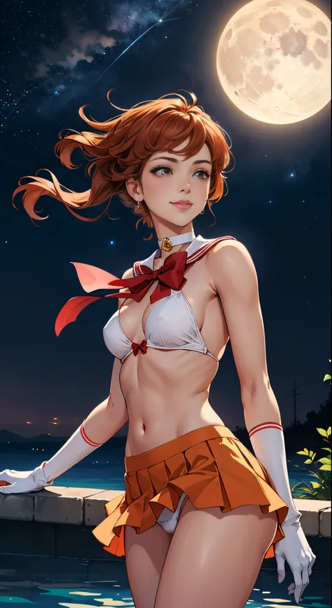 masutepiece, Best Quality, hight resolution, SV1, Sailor Senshi Uniform, Orange skirt, Poolside in summer、summer sunlight、gust of wind、White panties visible from the miniskirt、Bikini Panties、White shorts visible from the white miniskirt、short view、elbow gr...