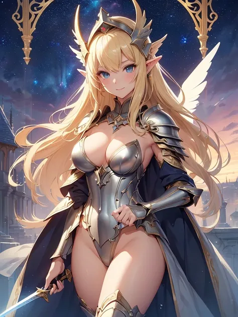 top-quality、Top image quality、​masterpiece、Super beautiful elf beauty((24 year old、Best Bust、big bast、Bust 90,Beautiful long blonde hair ironed、a blond、Beautiful sexy armor with big shining wings、sexy beautiful bikini armor、has a beautiful sword、Raise your...