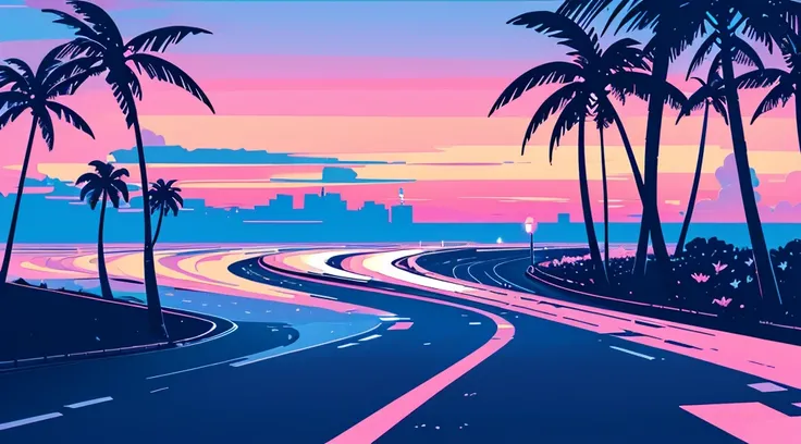 (cyberpunk road by the sea, pink glowing road, starry blue sky, big moon, palm trees), (classic convertible car), (low contrast, flat color, limited palette)