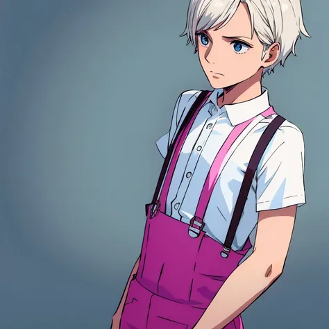 Homem com cabelo branco curto e ondulado, wearing a white blouse with small pink details and wearing suspenders.