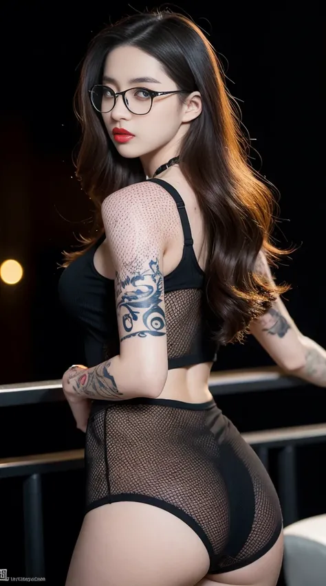 ((Best quality, 8k, Masterpiece :1.3)), Sharp focus :1.2, ((35 years old. Tattooed woman)) (tattoo model. Sweet black skin. Tattooed).(Sexy Korean model). (Sexy Barbie) body. Slim. Skinny. Slender. Charming. Make-up face. Red lipstick. ((Long straight hair...