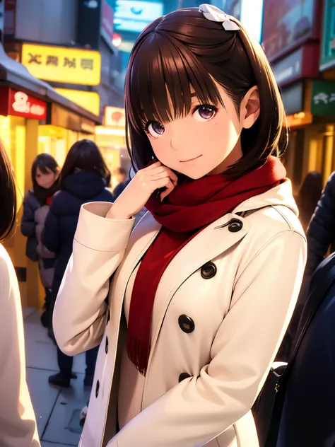 hight resolution,8K,Best Quality,detaileds,semi - realistic anime,Anime 3D Style,Smooth Anime CG,1 girl in,20 year old woman in Japan,slim,modeled,shiny chestnut hair,Medium Hair,Detailed face,Beautiful and detailed eyes,Glowing skin,(coat,layered clothes,...