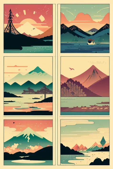 Ukiyo-e style　landscapes　pop music　colourfull　Artitech　comic strip