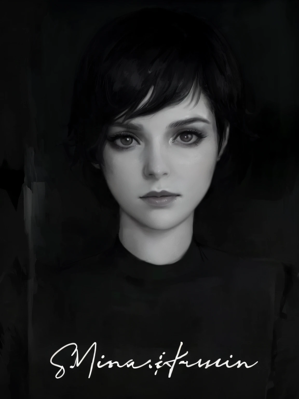 there is a woman with a black shirt that has a picture of her, alice cullen, short brown hair and large eyes, black hair and large eyes, realistic portrait photo, halfbody headshot, desaturated!!, high quality portrait, promotional portrait, aleksandra wal...