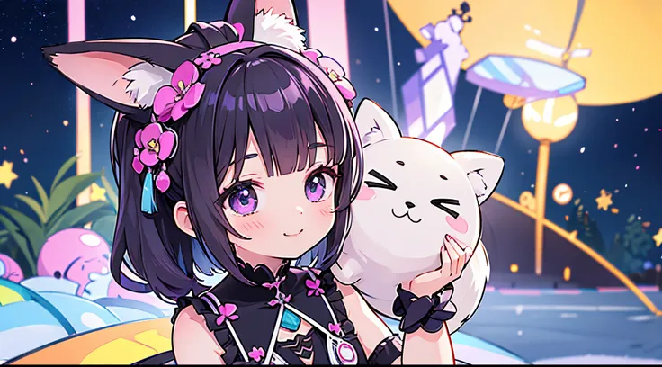 Create a captivating AI-generated artwork for a  banner featuring an adorable fox girl with expressive eyes and a mischievous smile. Enchant the audience with her vibrant personality, and showcase her unique charm through layered purple and black hair that...