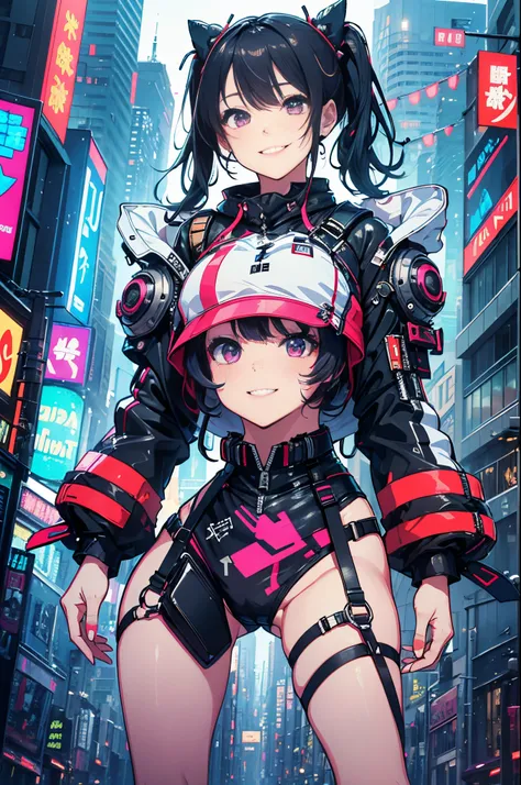 masterpiece, best quality, 2 ((smiling)) cyberpunk girls standing together, Harajuku-inspired cyberpunk body harness, bold colors and patterns, eye-catching accessories, trendy and innovative hairstyle, dazzling Cyberpunk cityscape, skyscrapers, neon signs...