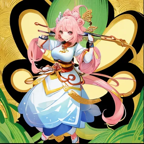 Cute anime pig, humanized, woman with pig features, anthropomorphic warrioress, character art of maple story, inspired by Pu Hua, asura from chinese myth, negao, holding a pudica pose, umamusume, the non-binary deity of spring