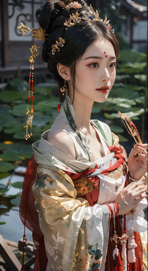 With pink flowers on the head，no loose hair，All tied up neatly，Green gem fringe hair accessories hang naturally to both sides, green earrings，Hanfu, one shoulder，Arms wrapped in gauze，mesmerizing eyes，Korean makeup，ssmile，Expose the collarbone，Lotus anthro...