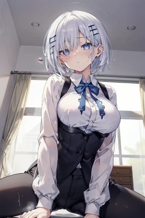 origami tobitch, origami and bichi, blue eyes, short hair, white hair, hair clips, hair pin,sweat, heart-shaped pupil, cum on, n...